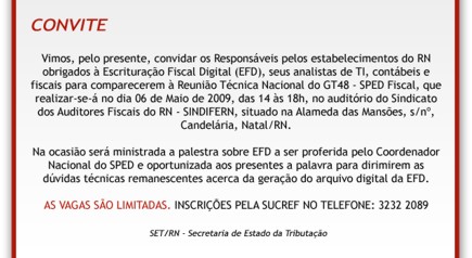 Imagem da notícia CONVITE PARA A REUNIÃO TÉCNICA NACIONAL DO GT48 -SPED FISCAL